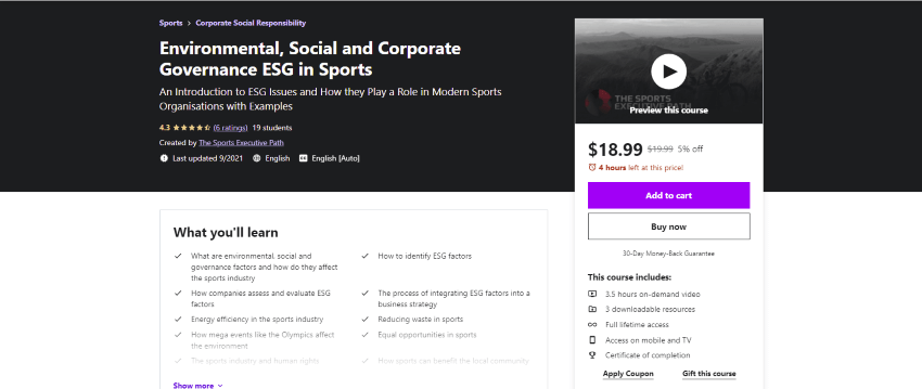 Environmental, Social and Corporate Governance ESG in Sports Course