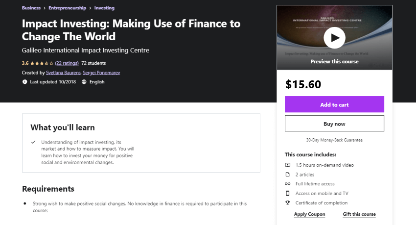 Impact Investing Making Use of Finance to Change The World Course