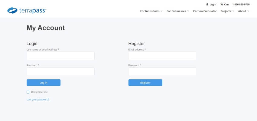 Terrapass Login and Register page