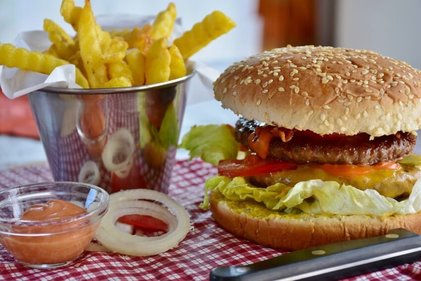 Burger, Fries, and Ketchup Dip in a Tray