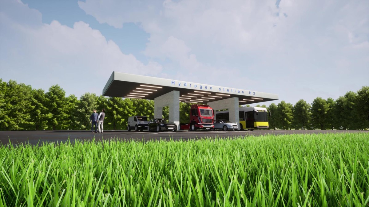 H2 station in modern 3d style Green clean renewable energy Ecological future Sustainable energy