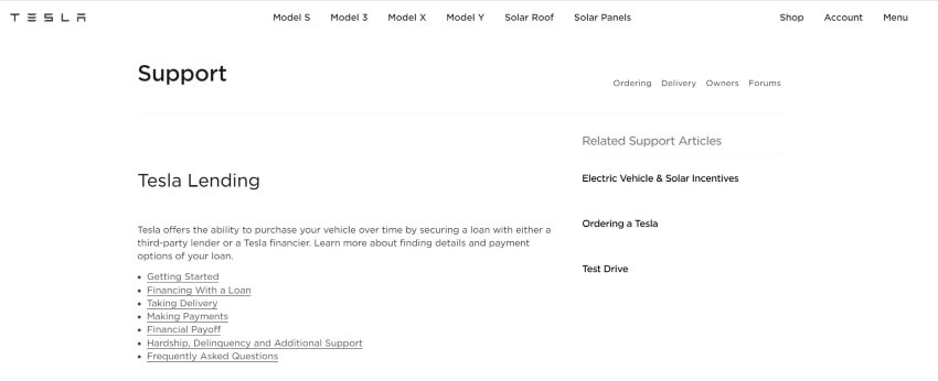 Tesla Lending Support Website