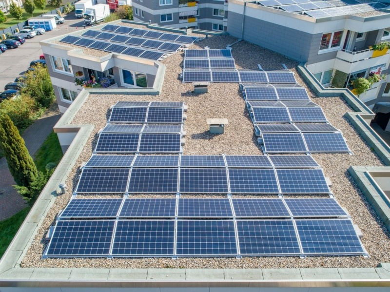 Solar panels on a roof of a building