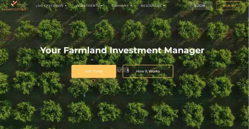 FarmTogether homepage investment opportunities in sustainable agriculture.