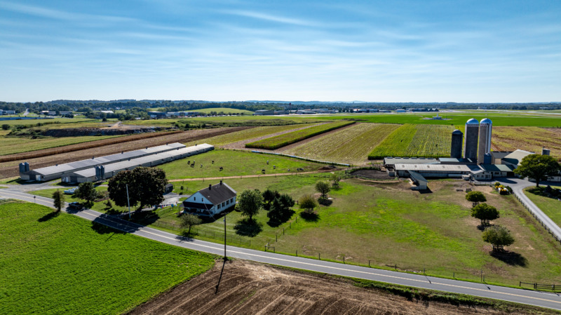 Aerial view of a huge farmland and agricultural structures