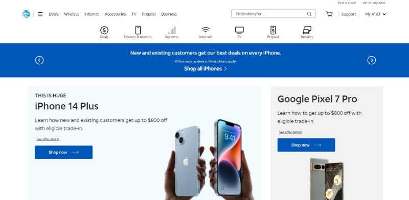 AT&T Homepage showing iPhone 14 Plus