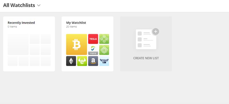 eToro All Watchlists Section