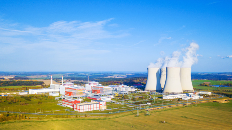 Aerial view of nuclear power plant Temelin. South bohemia in Czech republic, European union. Large nuclear power station from above