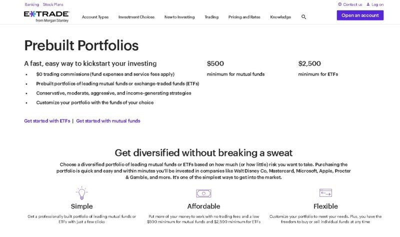 eTrade  Prebuilt Portfolios webpage