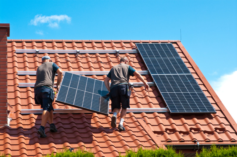 Workers installing solar panels on a roof