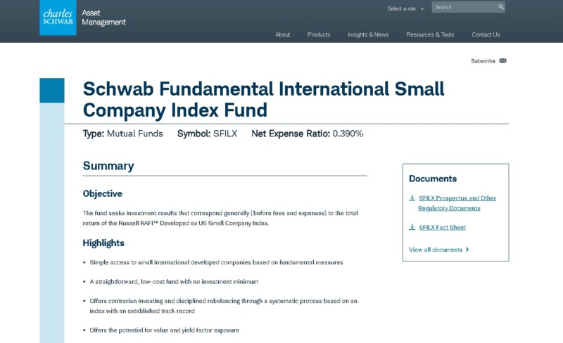 Schwab Fundamental International Small Company Index Fund Webpage