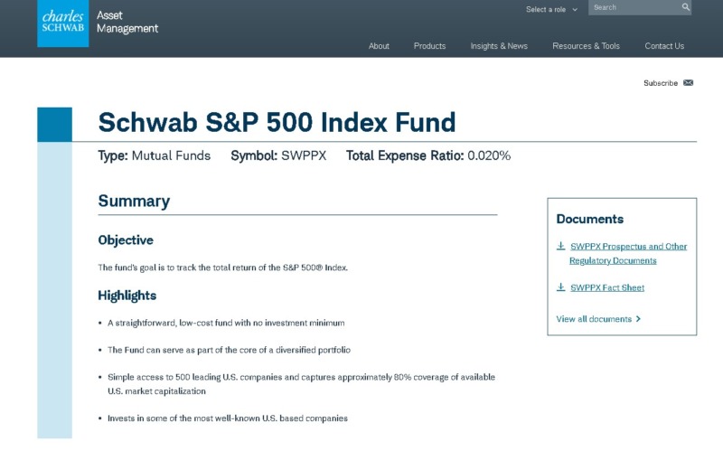 Schwab S&P 500 Index Fund Webpage