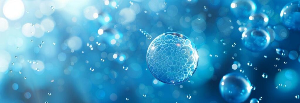 Abstract blue bubbles background with radiant light effects, underwater bokeh texture.