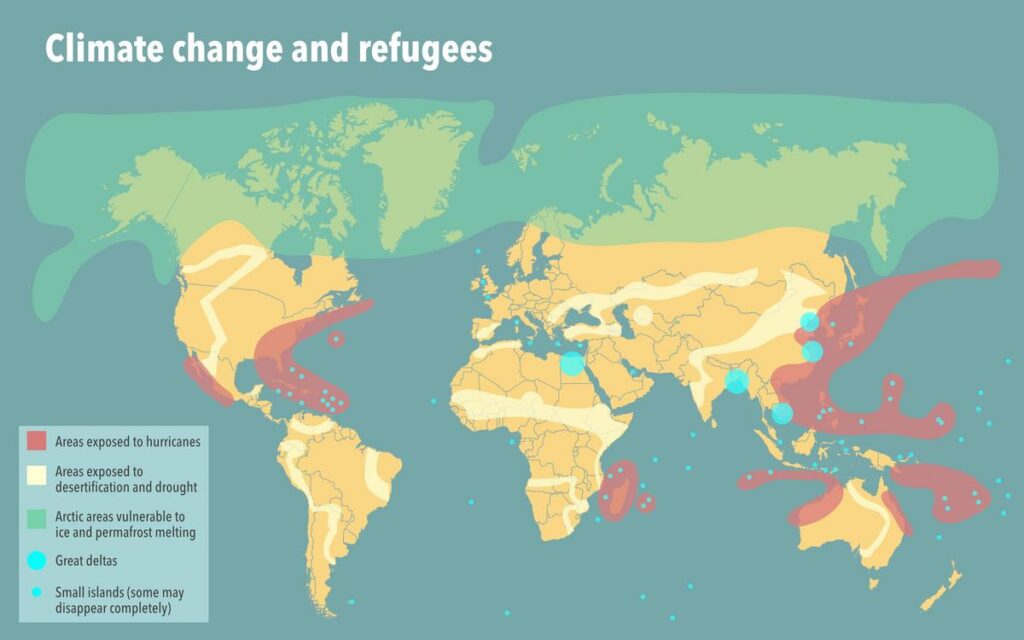 World map highlighting climate change refugee risk regions due to hurricanes, drought, and ice melt.