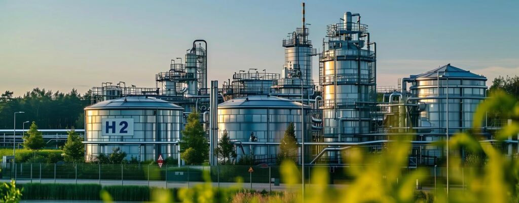 Industrial hydrogen production facility with storage tanks at sunset.