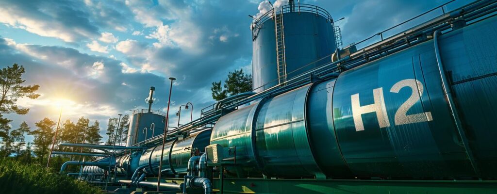 Industrial hydrogen storage facility with stainless steel tanks, pipes, and sustainable energy infrastructure at sunset.