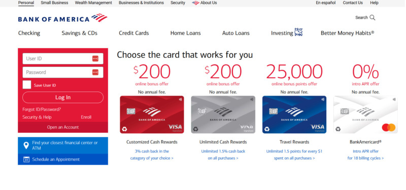 Bank of America Website Landing Page