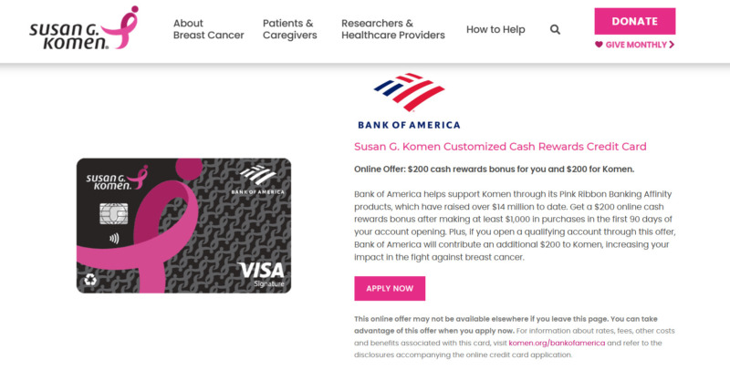 Susan G. Komen Pink Ribbon Credit Card website page