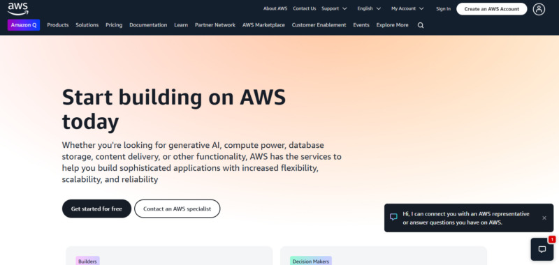 Amazon Web Services Website landing page and homepage  look