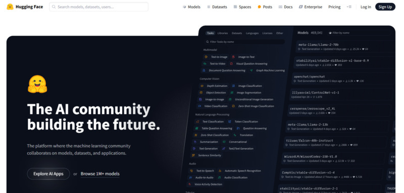 Hugging Face Website landing page and homepage