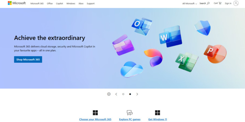 Microsoft Website landing page and homepage