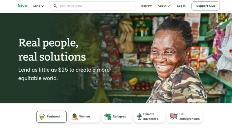 Kiva website landing page featuring a clean design, showcasing loans, projects, and a call to action for lending support